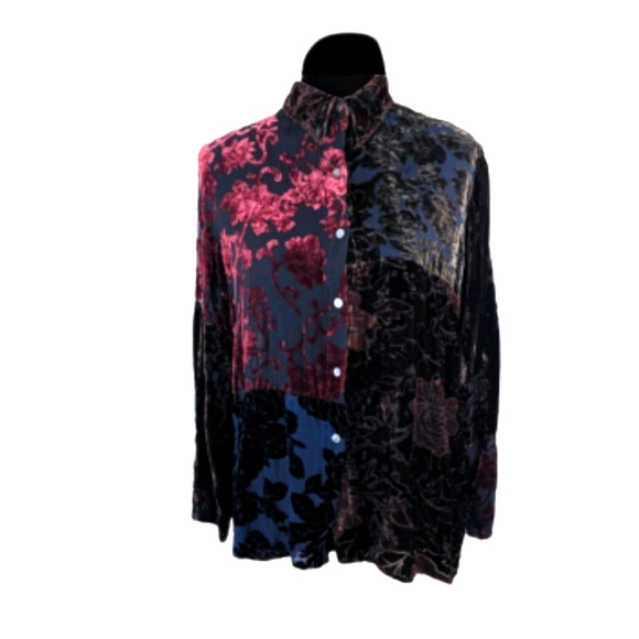 Chico's Tops - Chico's Red Blouse Silk & Velvet Mix Print Long sleeve Burn-out Size 2